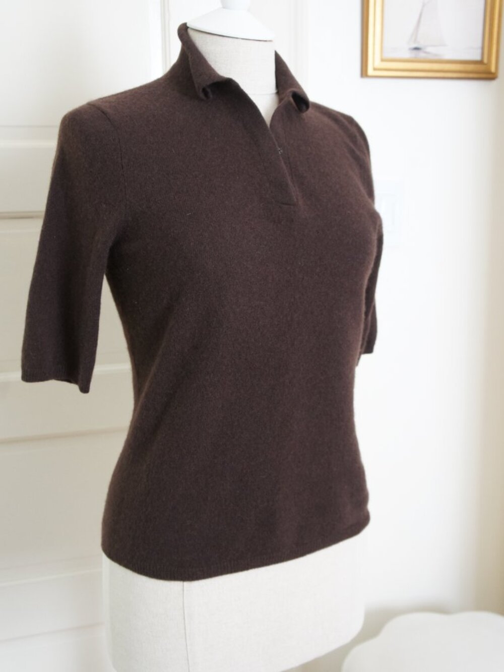 Vintage 90s 100% Cashmere Dark Brown V-Neck Polo Sweater Shirt Size Small